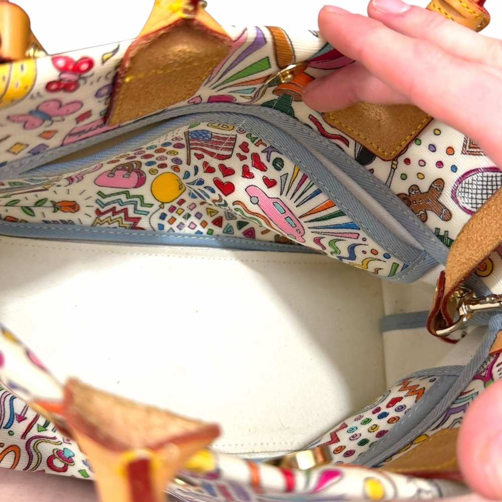 Dooney & Bourke Multicolor Doodle Print Satchel with Tan Leather Trim - Picture 9 of 11